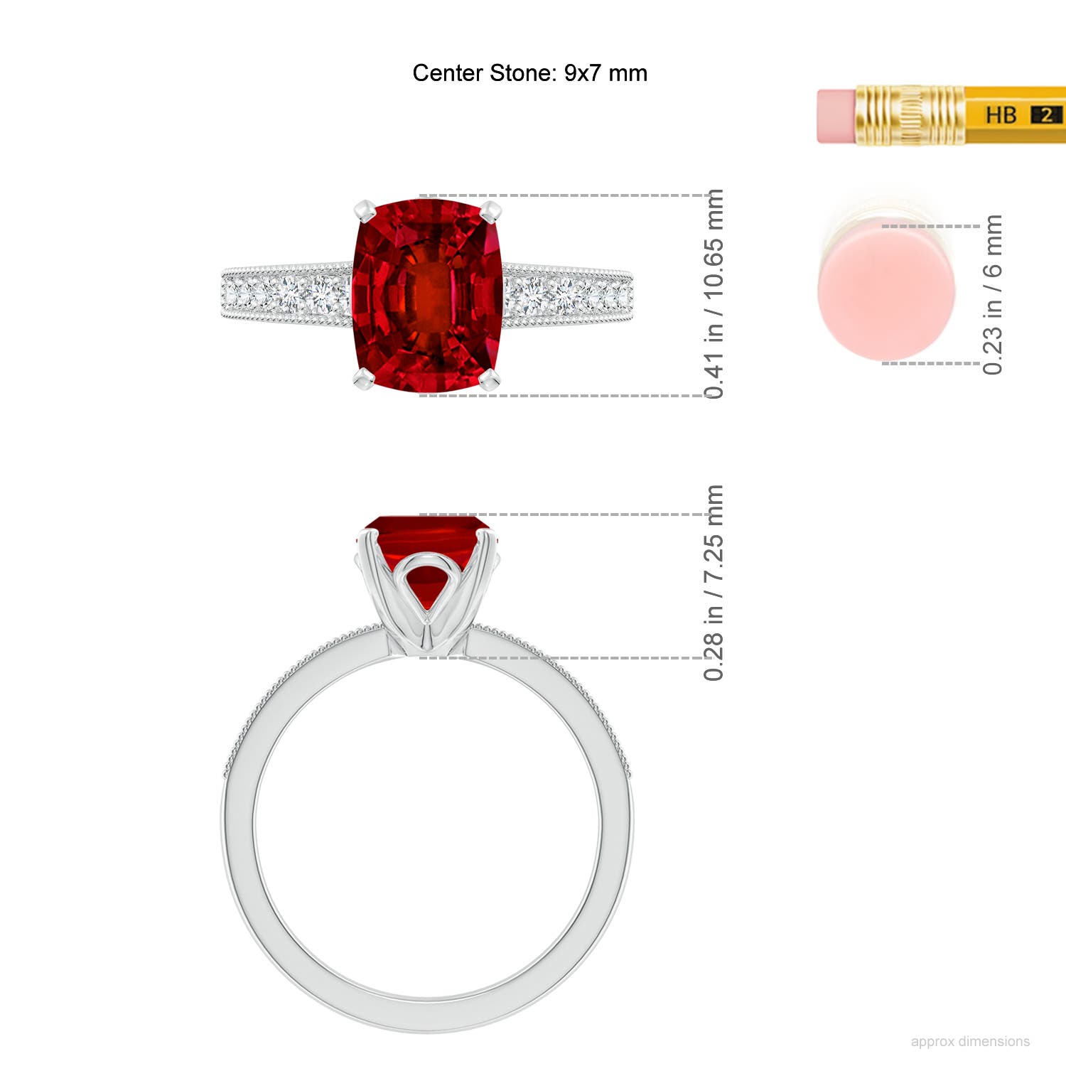 9x7mm Labgrown Lab-Grown Vintage Style Cushion Rectangular Ruby Engagement Ring with Accents in White Gold - ruler