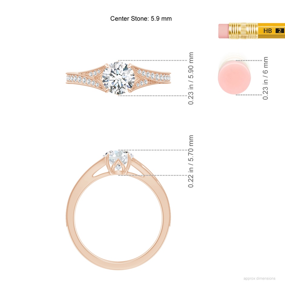 5.9mm FGVS Lab-Grown Vintage Inspired Round Diamond Split Shank Engagement Ring in Rose Gold ruler