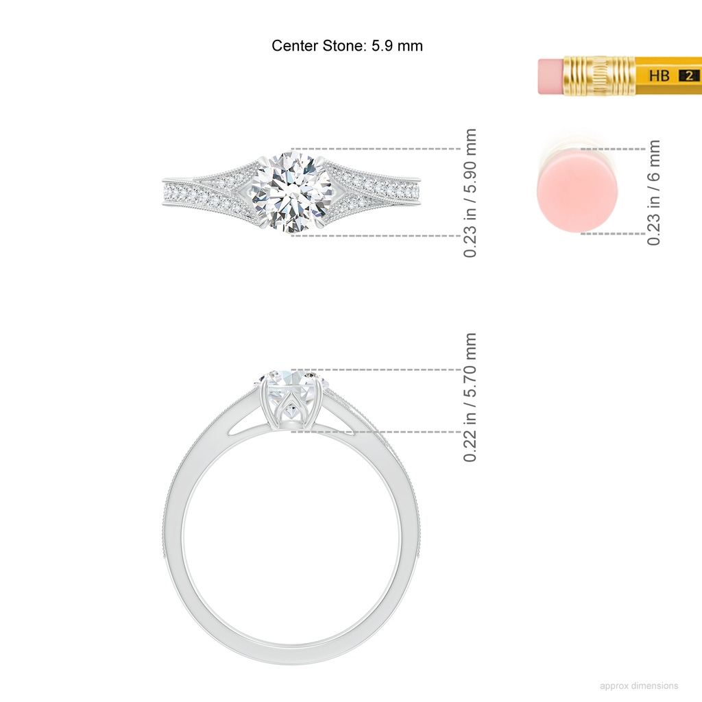 5.9mm FGVS Lab-Grown Vintage Inspired Round Diamond Split Shank Engagement Ring in White Gold ruler