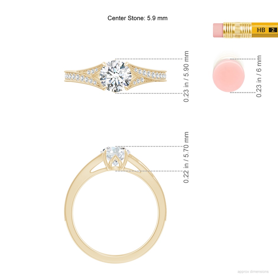 5.9mm FGVS Lab-Grown Vintage Inspired Round Diamond Split Shank Engagement Ring in Yellow Gold ruler