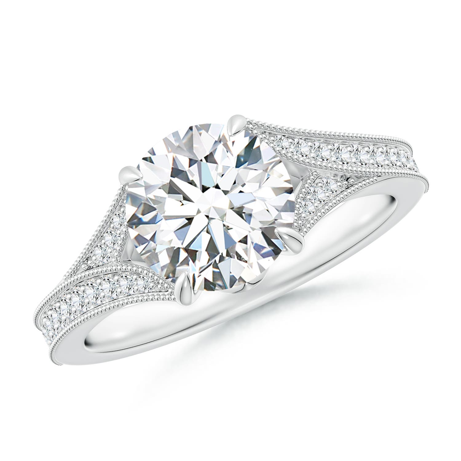8mm FGVS Lab-Grown Vintage Inspired Round Diamond Split Shank Engagement Ring in 18K White Gold
