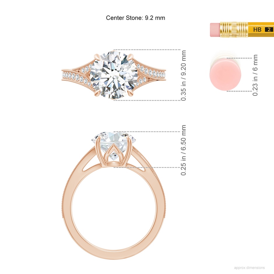 9.2mm FGVS Lab-Grown Vintage Inspired Round Diamond Split Shank Engagement Ring in Rose Gold ruler
