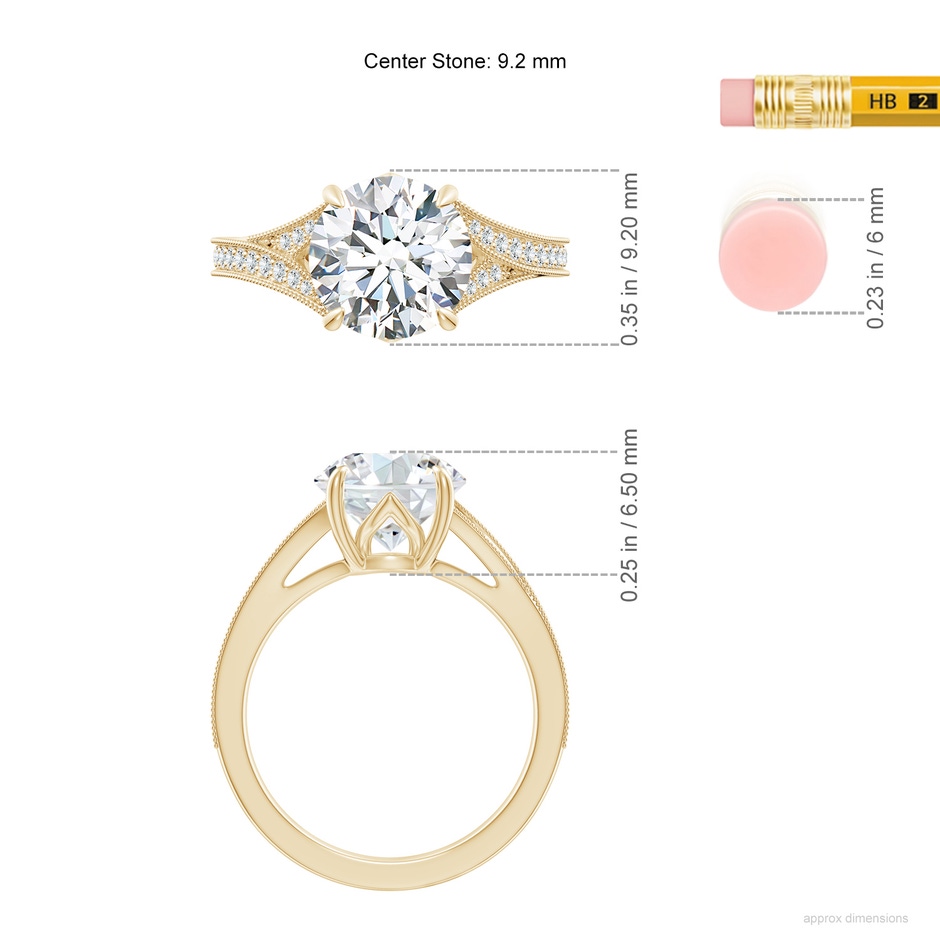 9.2mm FGVS Lab-Grown Vintage Inspired Round Diamond Split Shank Engagement Ring in Yellow Gold ruler