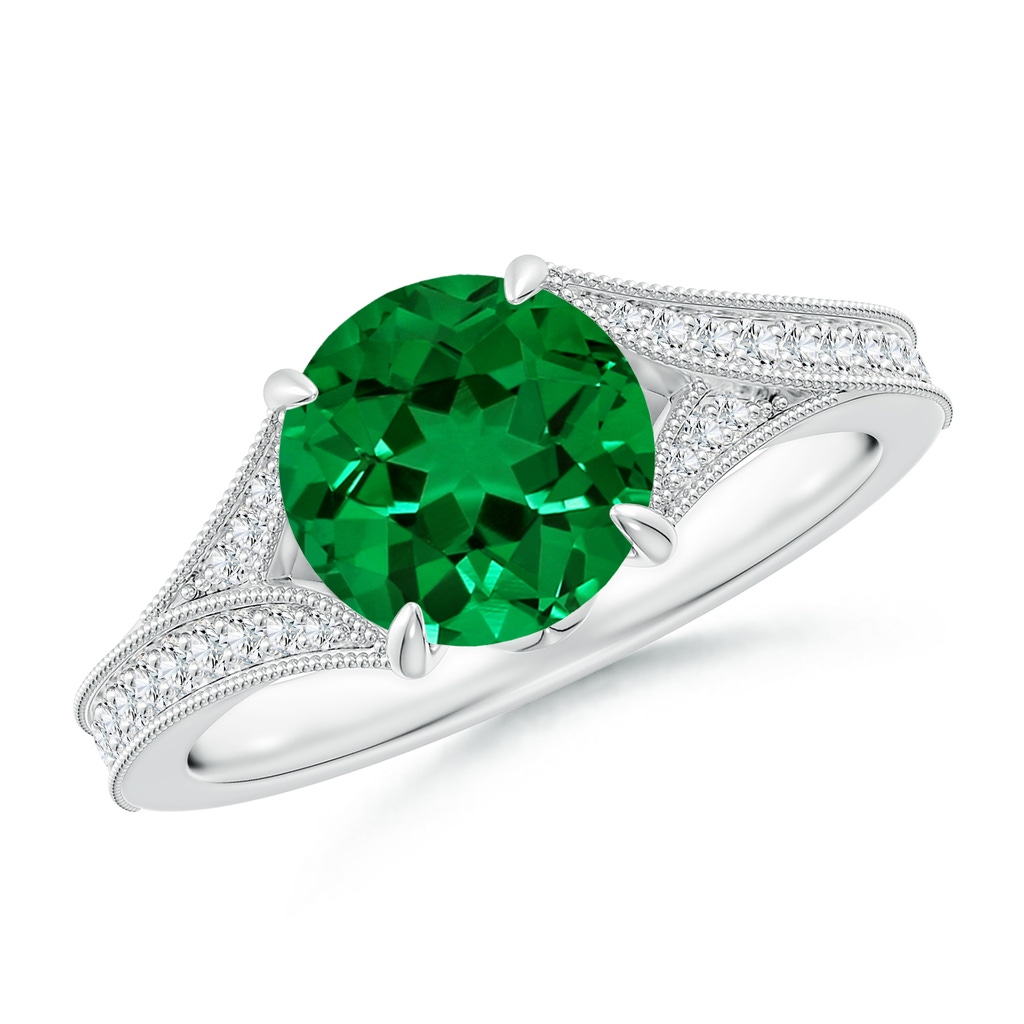 8mm Labgrown Lab-Grown Vintage Inspired Round Emerald Split Shank Engagement Ring in White Gold