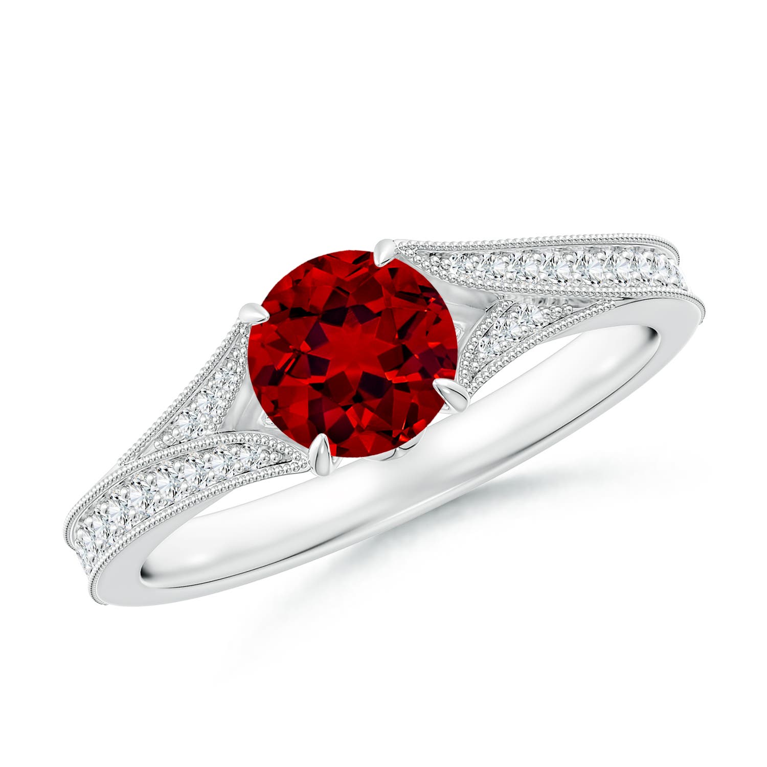 6mm Labgrown Lab-Grown Vintage Inspired Round Ruby Split Shank Engagement Ring in 18K White Gold