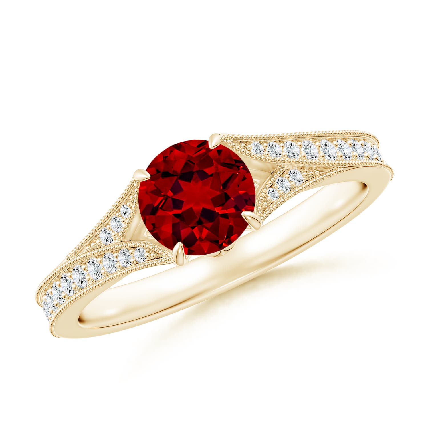 6mm Labgrown Lab-Grown Vintage Inspired Round Ruby Split Shank Engagement Ring in 18K Yellow Gold