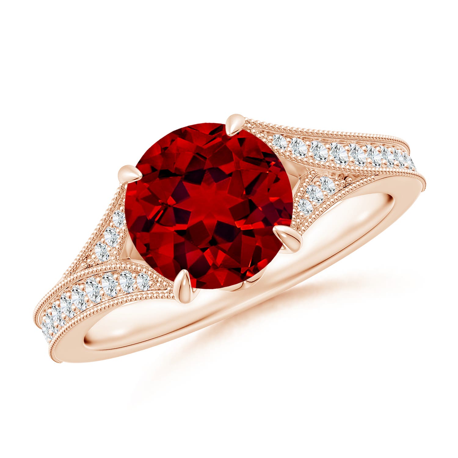 8mm Labgrown Lab-Grown Vintage Inspired Round Ruby Split Shank Engagement Ring in Rose Gold