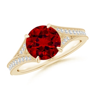 8mm Labgrown Lab-Grown Vintage Inspired Round Ruby Split Shank Engagement Ring in Yellow Gold