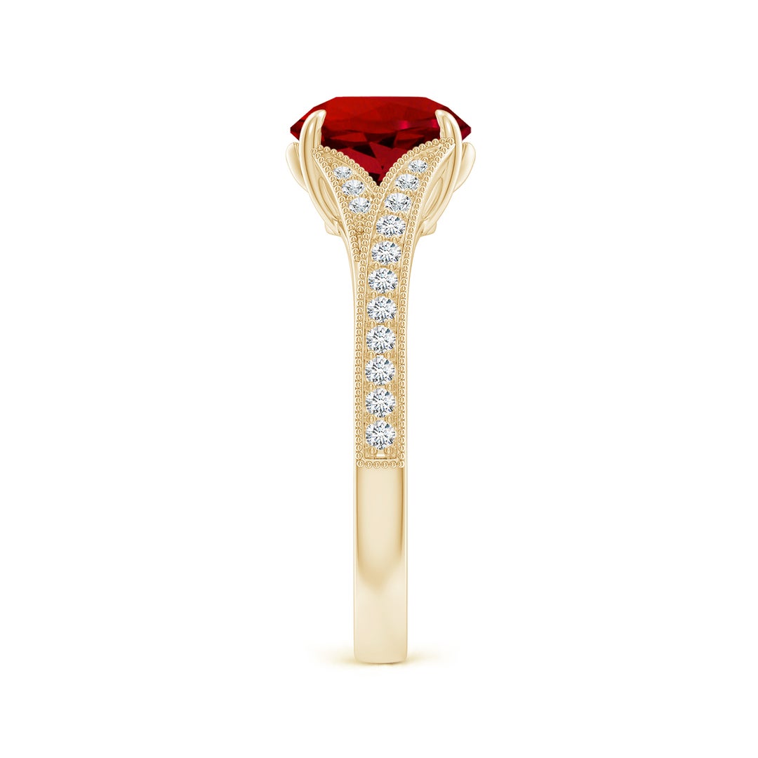 8mm Labgrown Lab-Grown Vintage Inspired Round Ruby Split Shank Engagement Ring in Yellow Gold - side 4