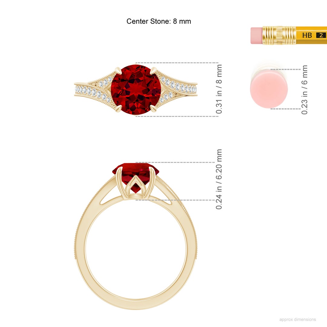 8mm Labgrown Lab-Grown Vintage Inspired Round Ruby Split Shank Engagement Ring in Yellow Gold - ruler