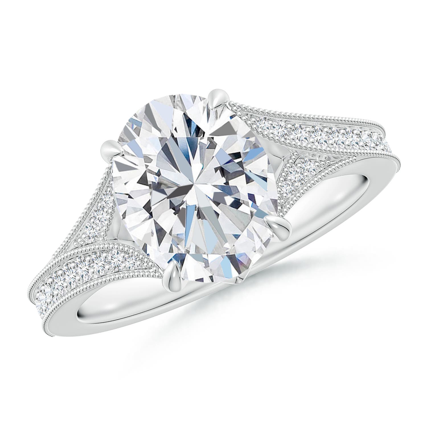 10x8mm FGVS Lab-Grown Vintage Inspired Oval Diamond Split Shank Engagement Ring in 18K White Gold