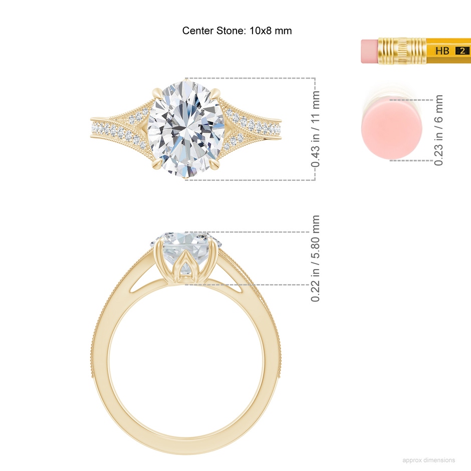 10x8mm FGVS Lab-Grown Vintage Inspired Oval Diamond Split Shank Engagement Ring in Yellow Gold ruler