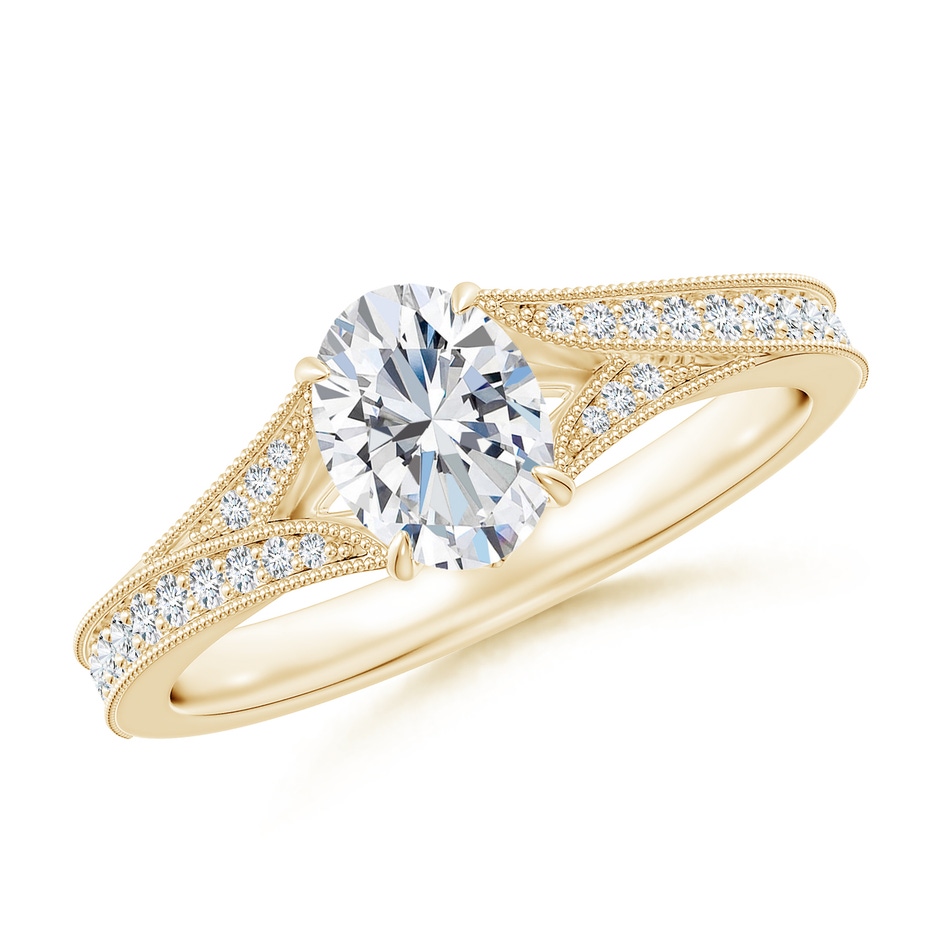 7x5mm FGVS Lab-Grown Vintage Inspired Oval Diamond Split Shank Engagement Ring in Yellow Gold 