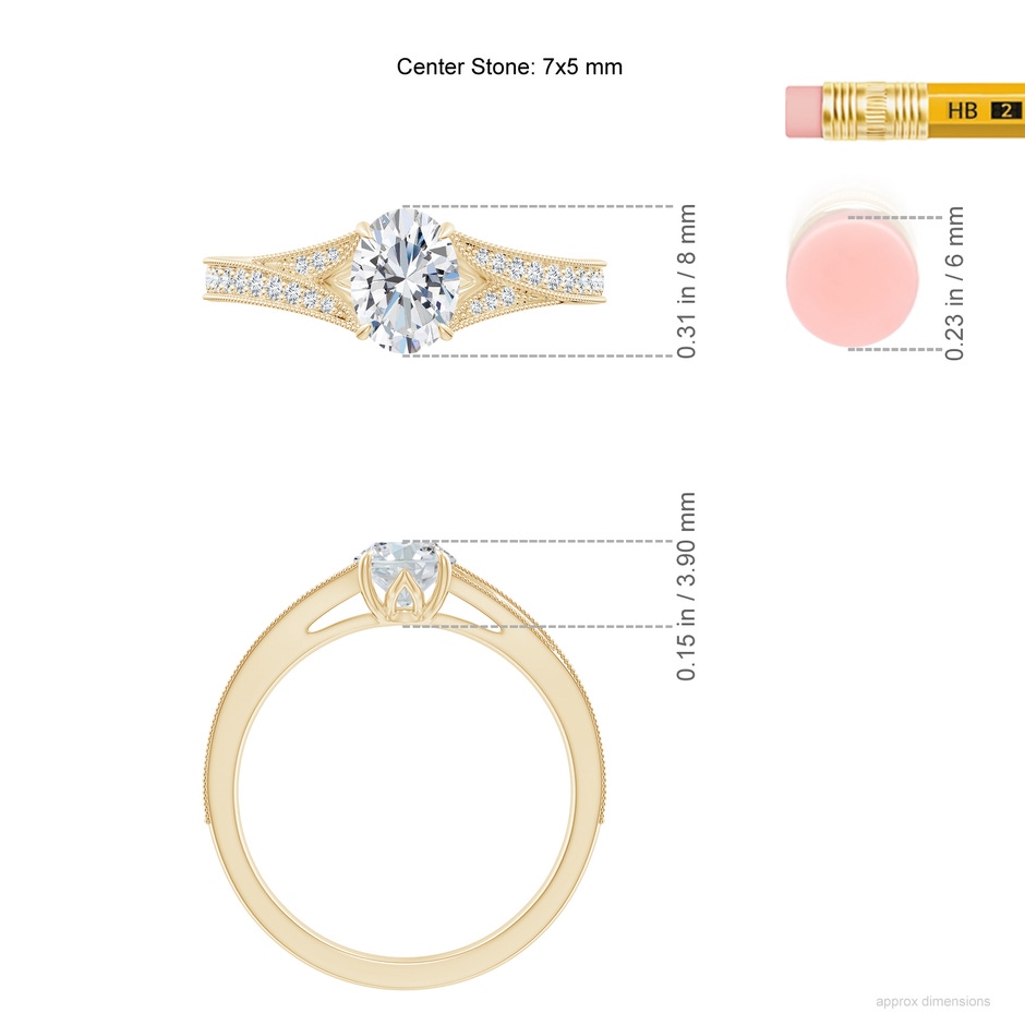 7x5mm FGVS Lab-Grown Vintage Inspired Oval Diamond Split Shank Engagement Ring in Yellow Gold ruler