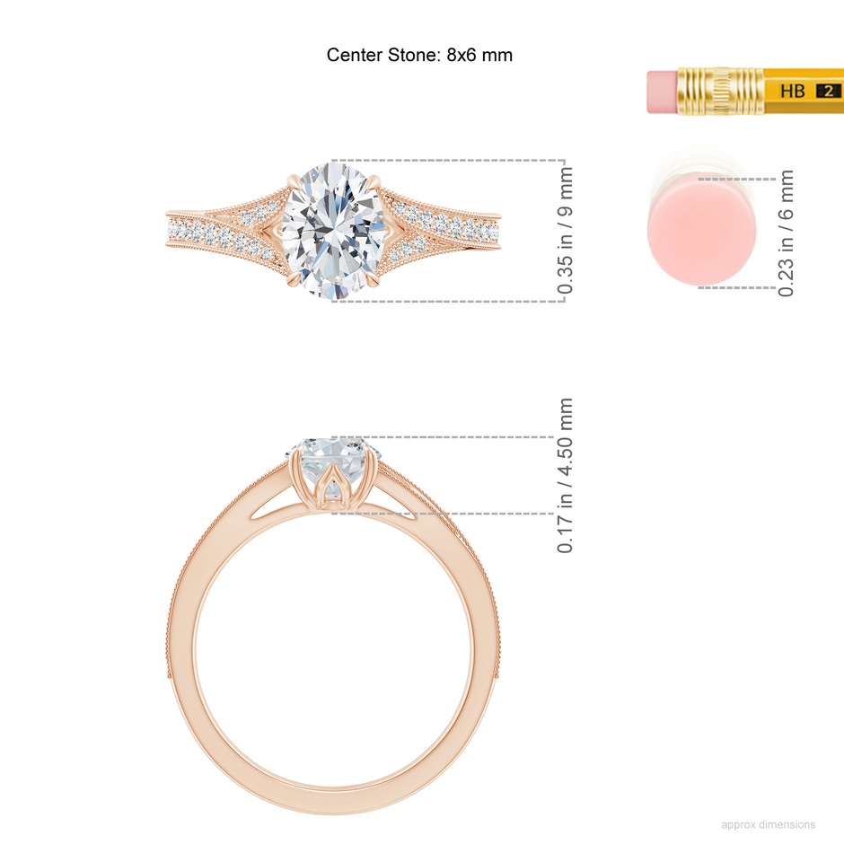 8x6mm FGVS Lab-Grown Vintage Inspired Oval Diamond Split Shank Engagement Ring in Rose Gold ruler