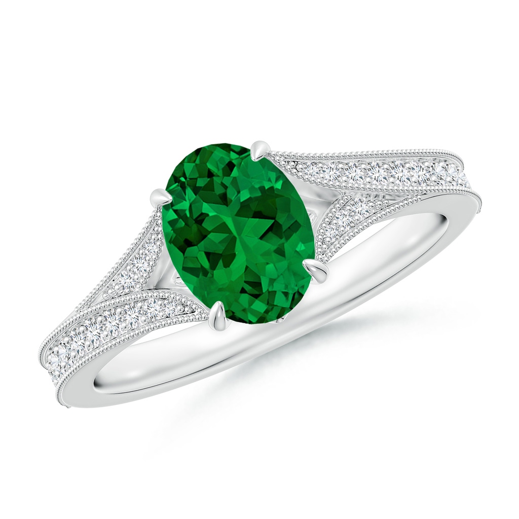 8x6mm Labgrown Lab-Grown Vintage Inspired Oval Emerald Split Shank Engagement Ring in White Gold