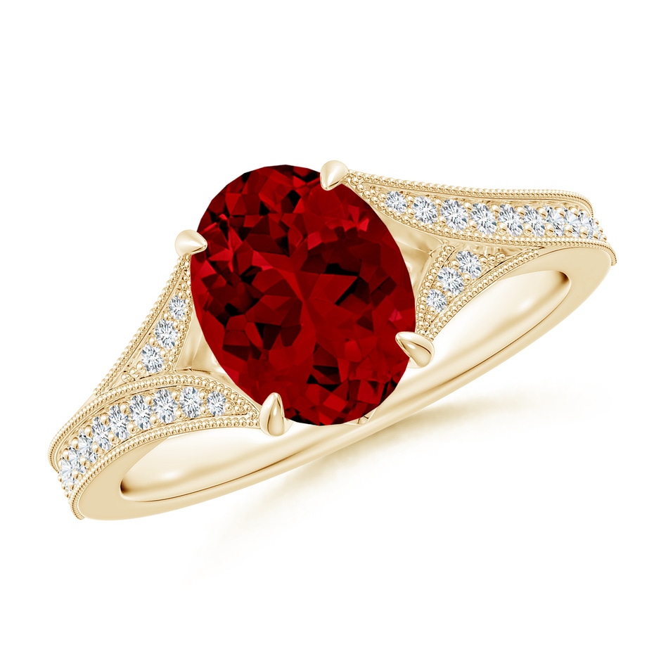 9x7mm Labgrown Lab-Grown Vintage Inspired Oval Ruby Split Shank Engagement Ring in Yellow Gold 