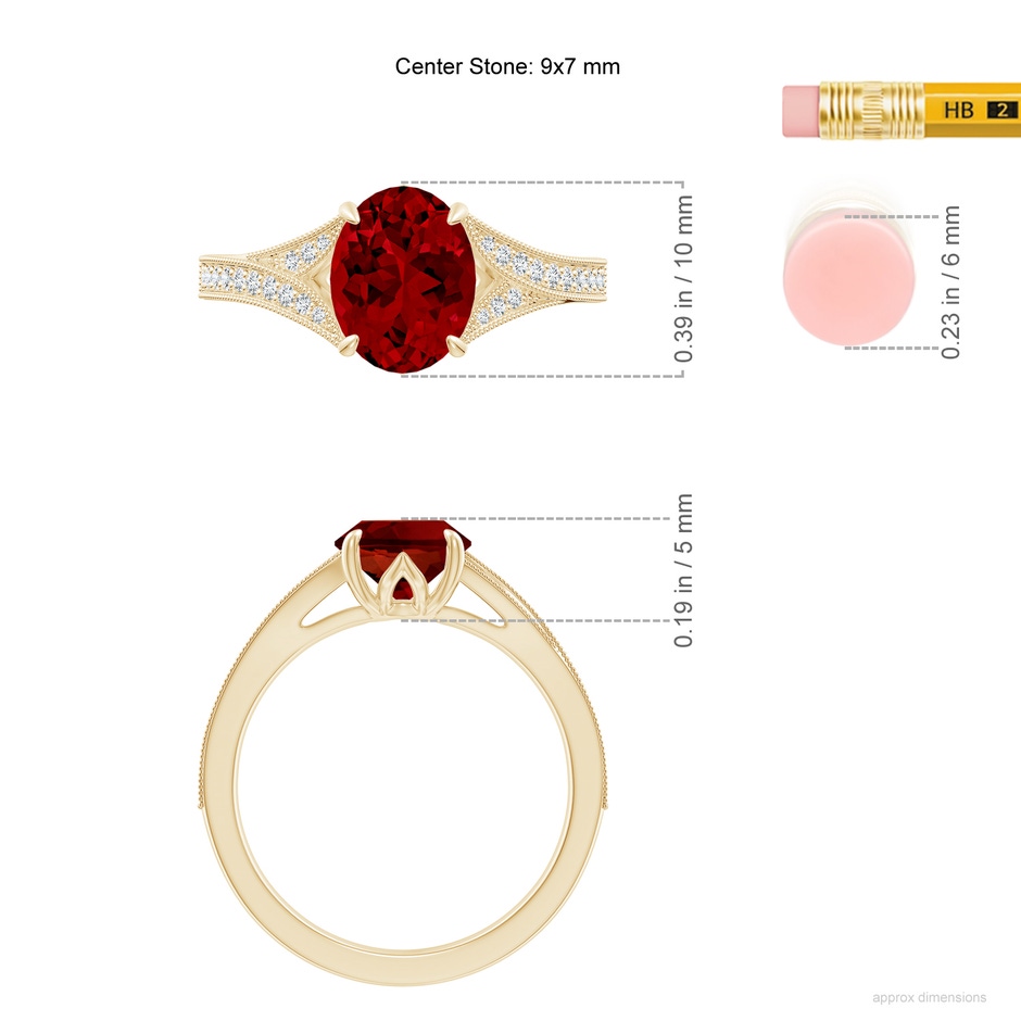 9x7mm Labgrown Lab-Grown Vintage Inspired Oval Ruby Split Shank Engagement Ring in Yellow Gold ruler