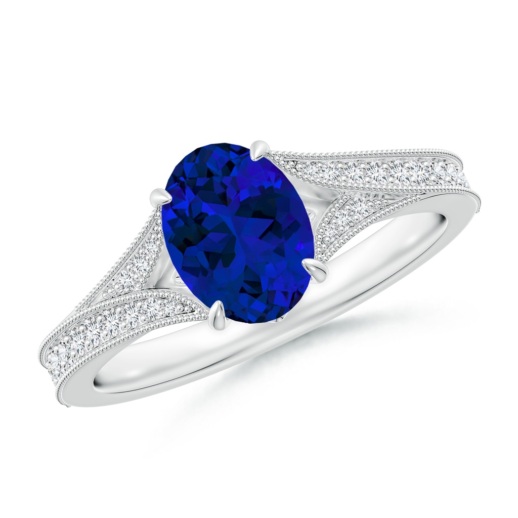 8x6mm Labgrown Lab-Grown Vintage Inspired Oval Blue Sapphire Split Shank Engagement Ring in White Gold