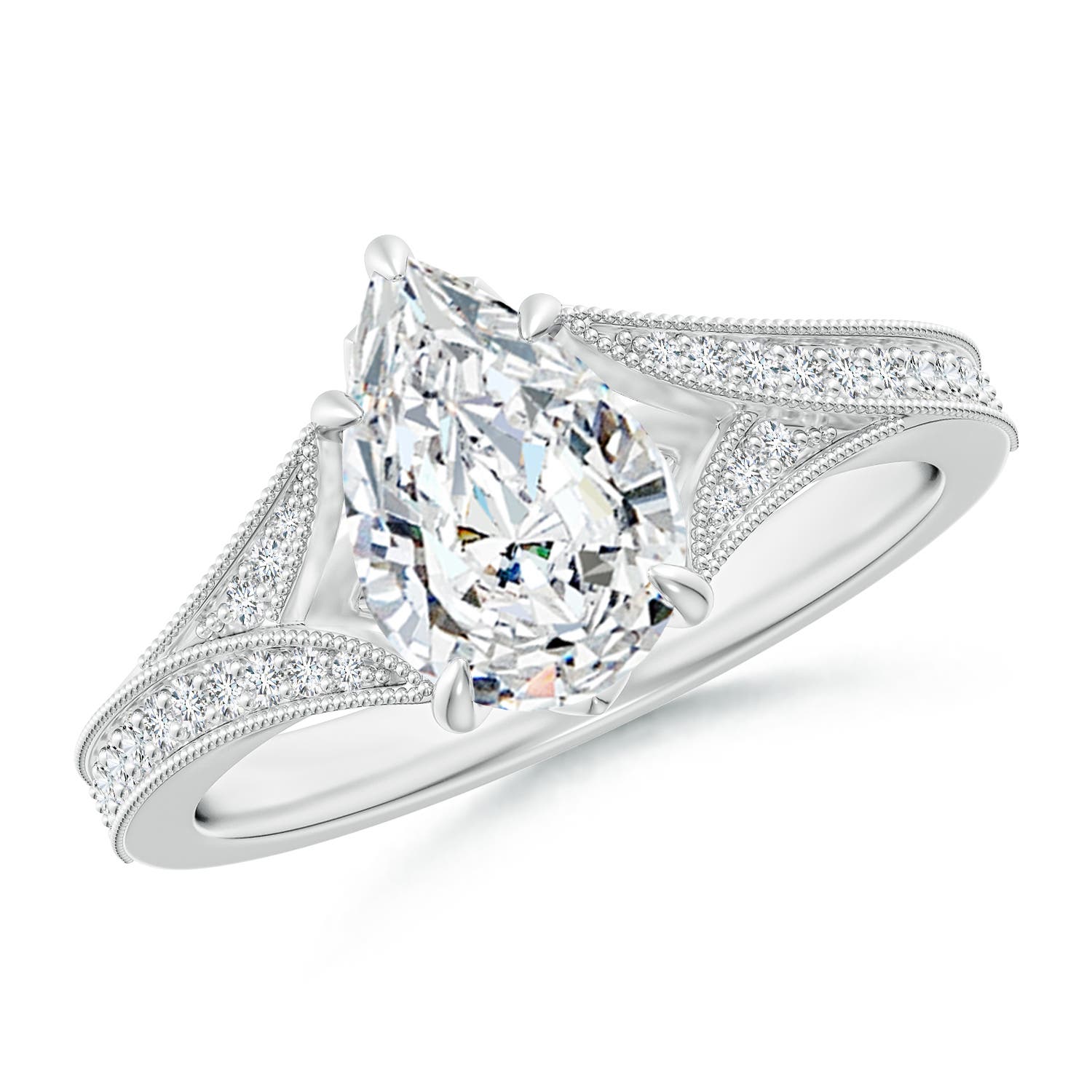 10x6.5mm FGVS Lab-Grown Vintage Inspired Pear Diamond Split Shank Engagement Ring in 18K White Gold