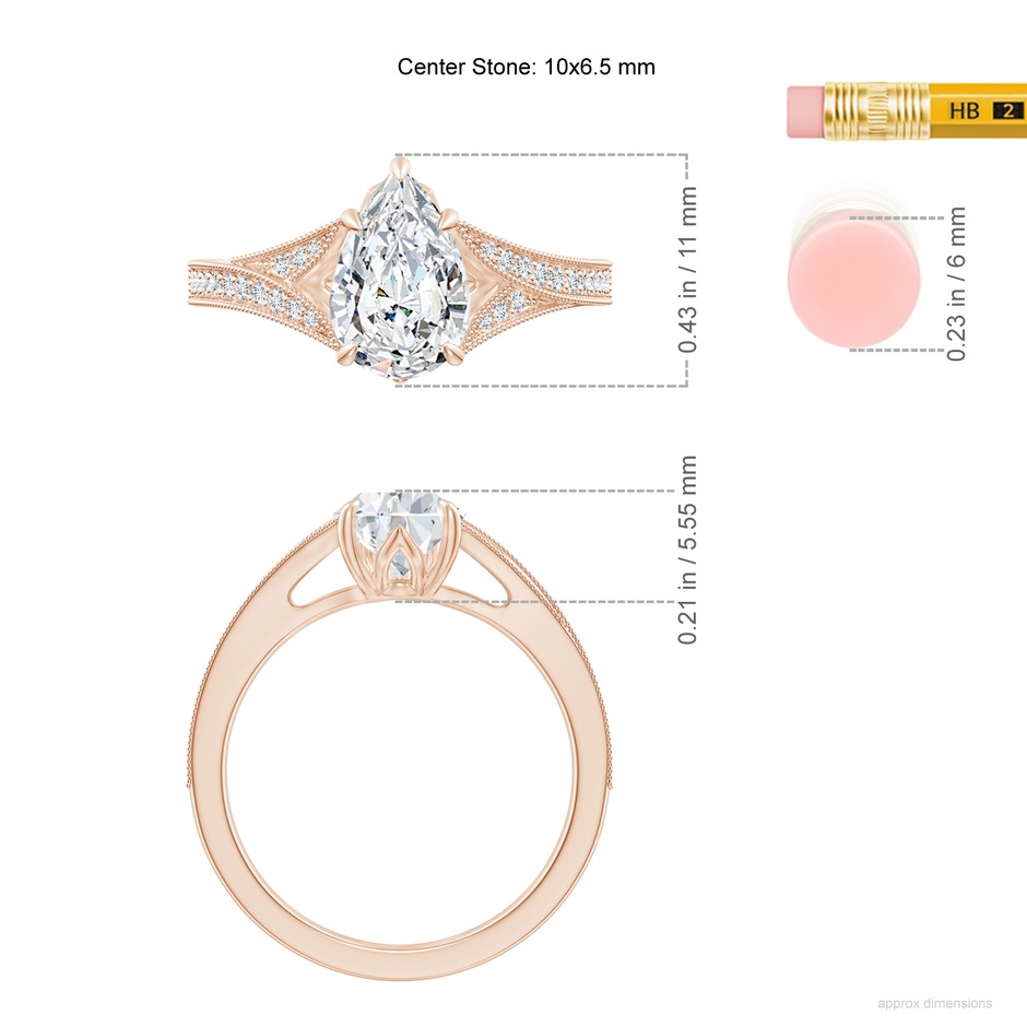 10x6.5mm FGVS Lab-Grown Vintage Inspired Pear Diamond Split Shank Engagement Ring in Rose Gold ruler