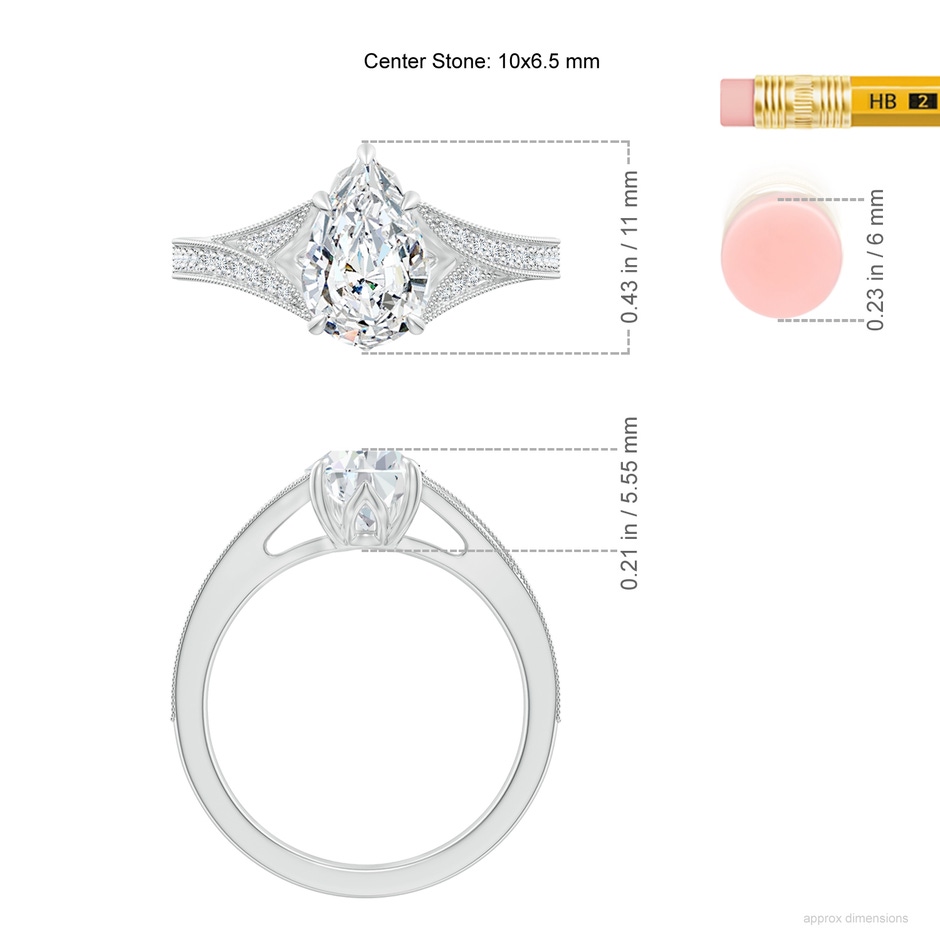 10x6.5mm FGVS Lab-Grown Vintage Inspired Pear Diamond Split Shank Engagement Ring in White Gold ruler