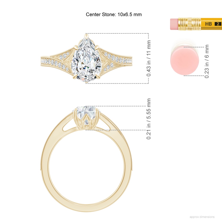 10x6.5mm FGVS Lab-Grown Vintage Inspired Pear Diamond Split Shank Engagement Ring in Yellow Gold ruler