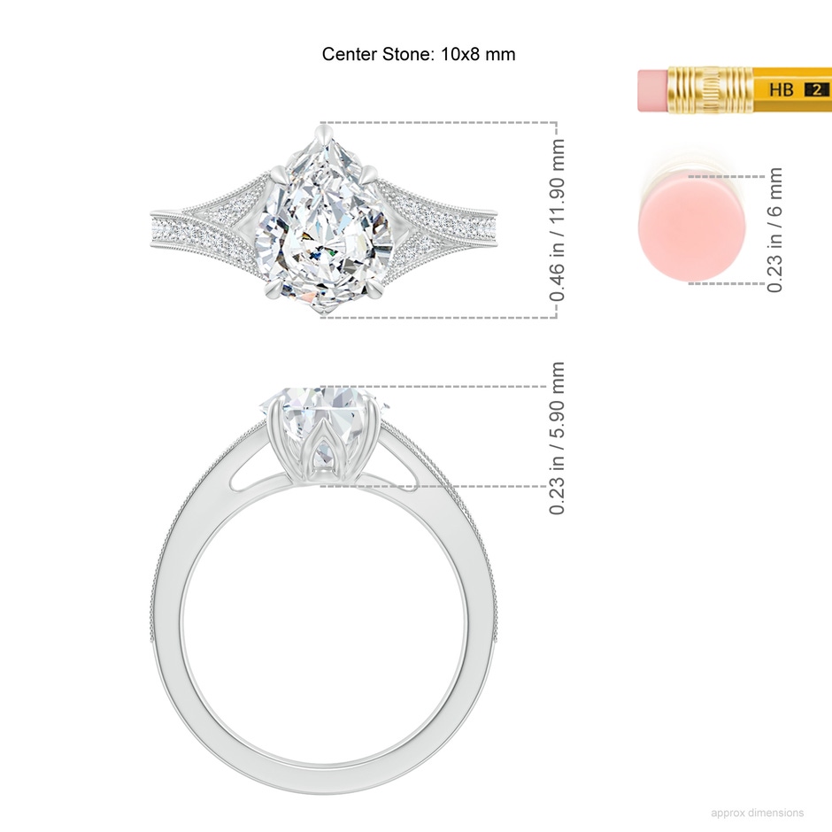 10x8mm FGVS Lab-Grown Vintage Inspired Pear Diamond Split Shank Engagement Ring in 18K White Gold ruler