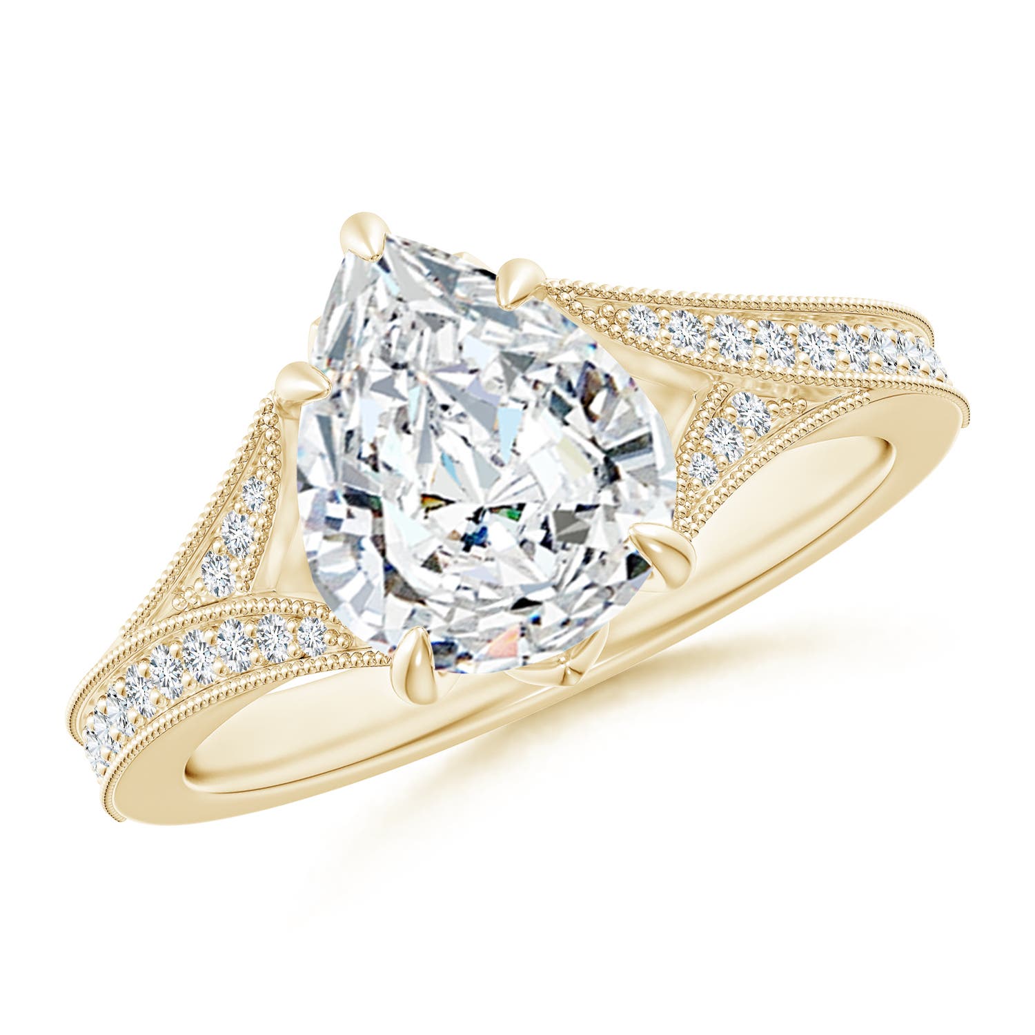 10x8mm FGVS Lab-Grown Vintage Inspired Pear Diamond Split Shank Engagement Ring in 18CT Yellow Gold