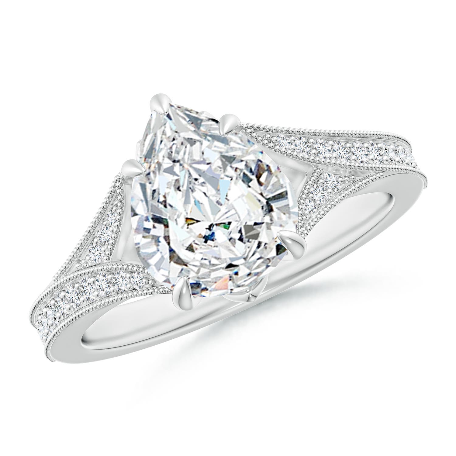 10x8mm FGVS Lab-Grown Vintage Inspired Pear Diamond Split Shank Engagement Ring in White Gold