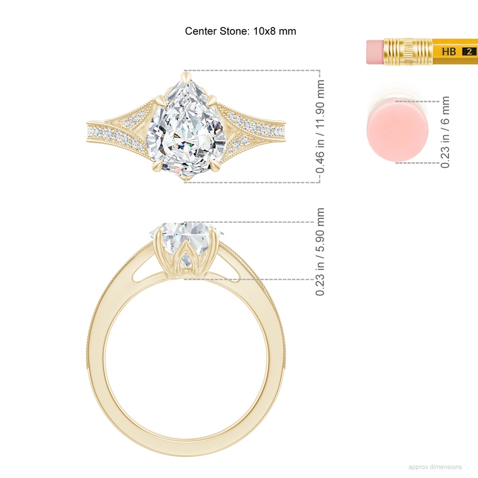 10x8mm FGVS Lab-Grown Vintage Inspired Pear Diamond Split Shank Engagement Ring in Yellow Gold ruler