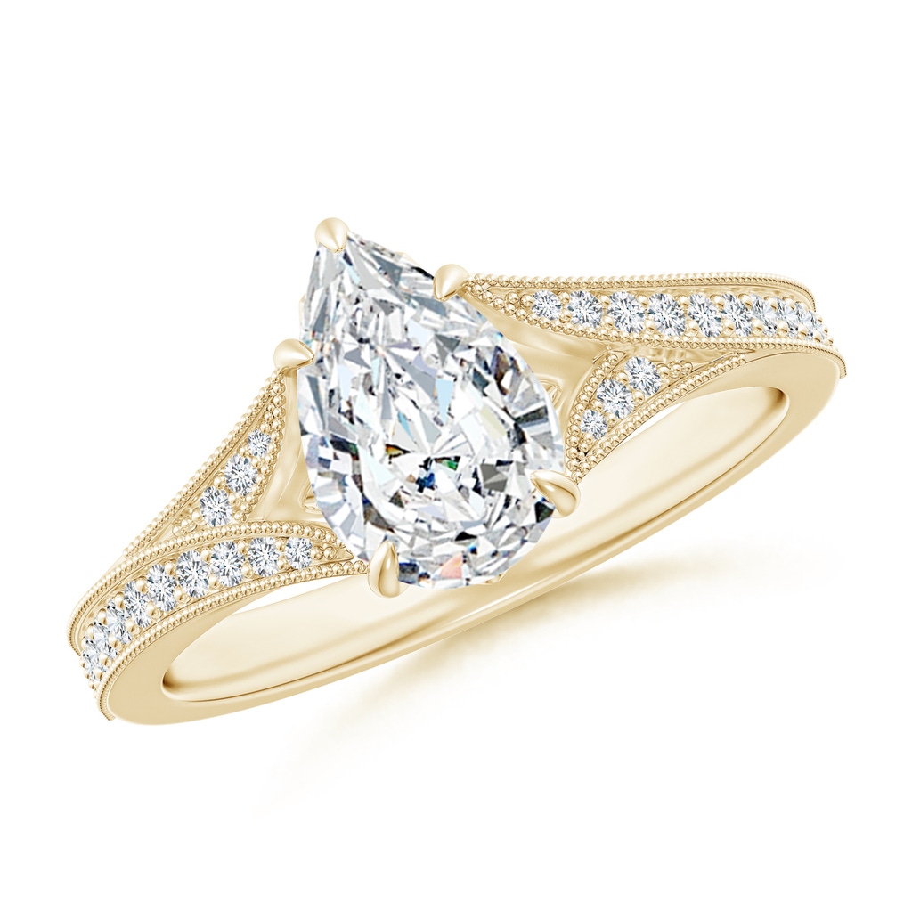 9.5x6mm FGVS Lab-Grown Vintage Inspired Pear Diamond Split Shank Engagement Ring in Yellow Gold