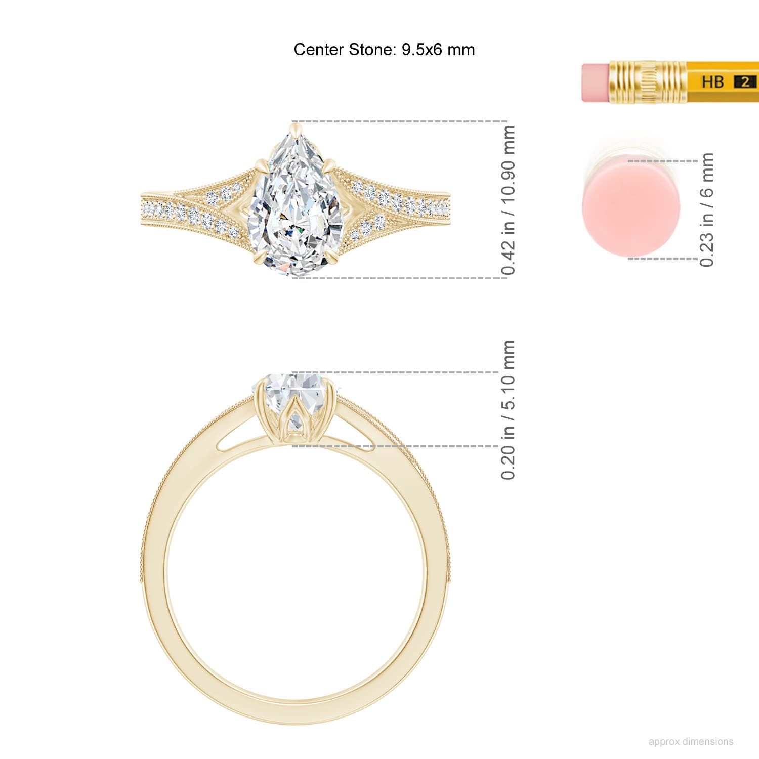 9.5x6mm FGVS Lab-Grown Vintage Inspired Pear Diamond Split Shank Engagement Ring in Yellow Gold - ruler
