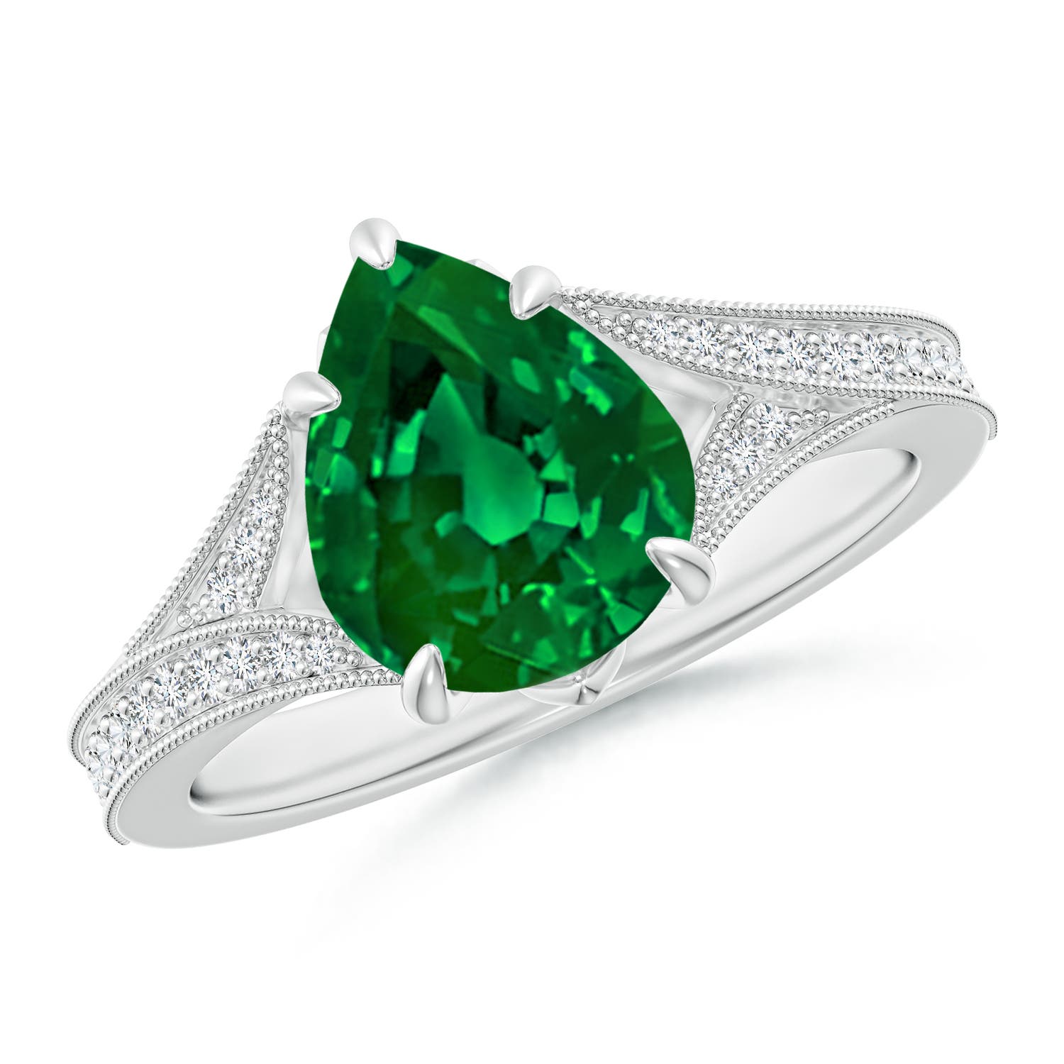 10x8mm Labgrown Lab-Grown Vintage Inspired Pear Emerald Split Shank Engagement Ring in 18K White Gold