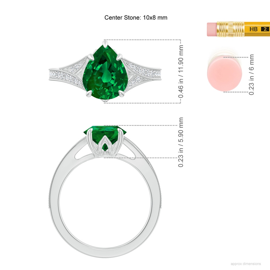 10x8mm Labgrown Lab-Grown Vintage Inspired Pear Emerald Split Shank Engagement Ring in White Gold ruler