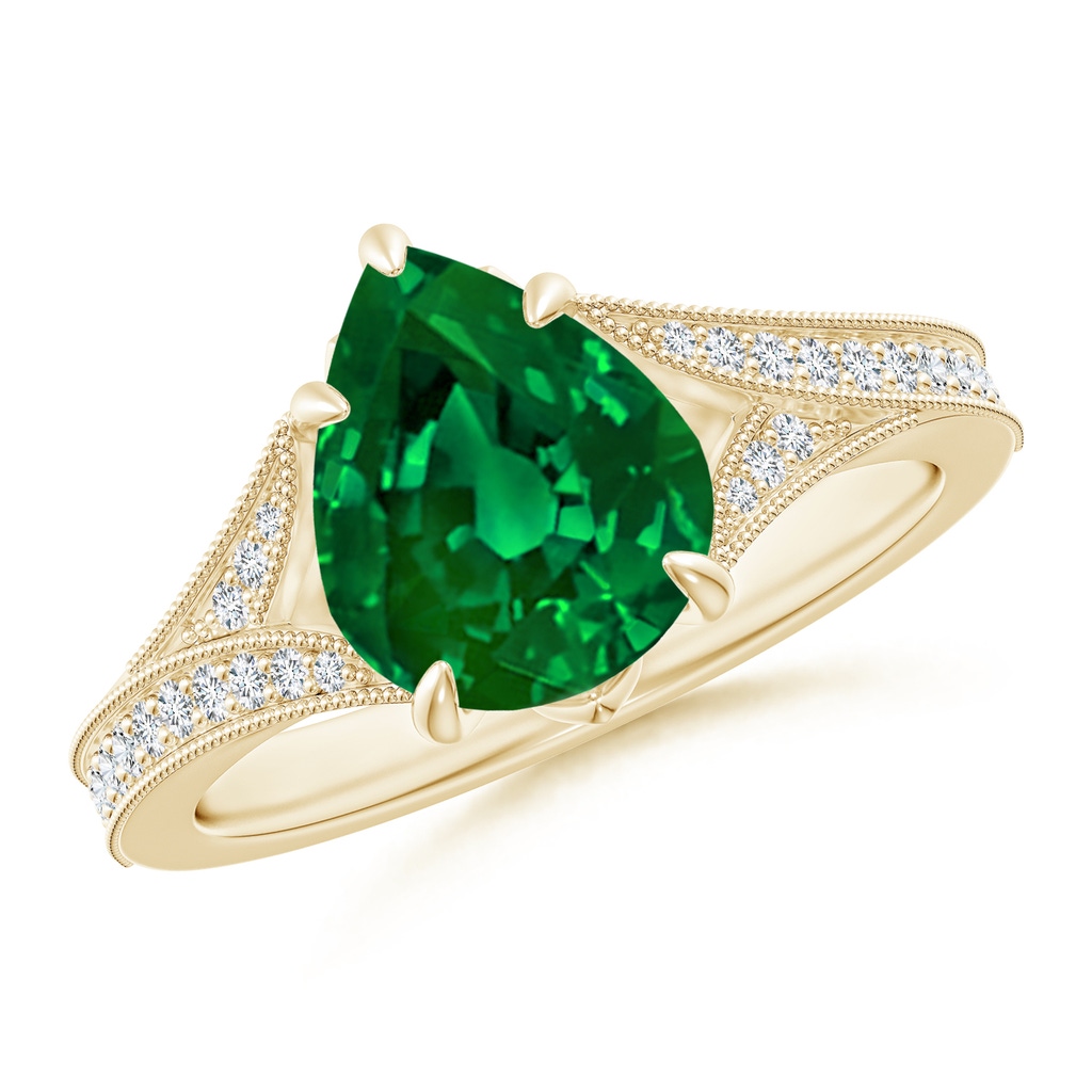 10x8mm Labgrown Lab-Grown Vintage Inspired Pear Emerald Split Shank Engagement Ring in Yellow Gold