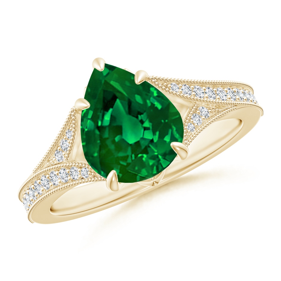 10x8mm Labgrown Lab-Grown Vintage Inspired Pear Emerald Split Shank Engagement Ring in Yellow Gold 