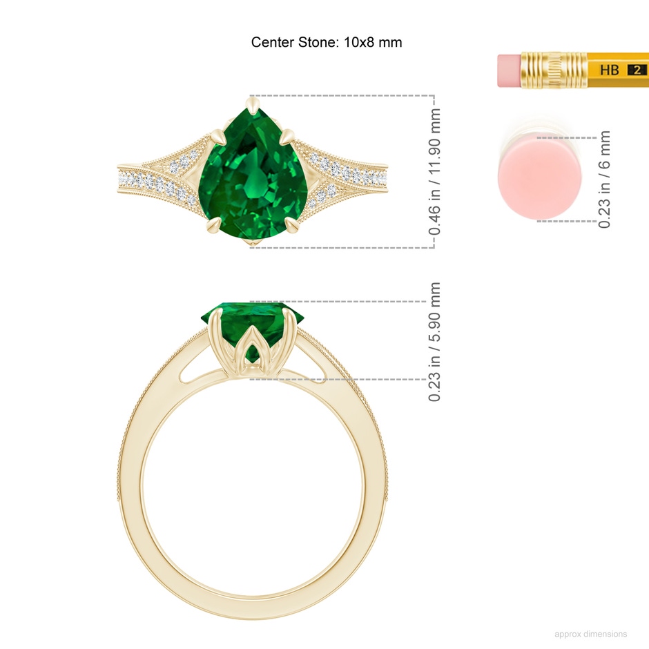 10x8mm Labgrown Lab-Grown Vintage Inspired Pear Emerald Split Shank Engagement Ring in Yellow Gold ruler