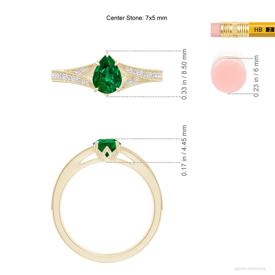 7x5mm Labgrown Lab-Grown Vintage Inspired Pear Emerald Split Shank Engagement Ring in Yellow Gold ruler