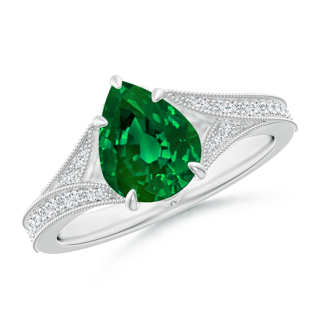9x7mm Labgrown Lab-Grown Vintage Inspired Pear Emerald Split Shank Engagement Ring in White Gold