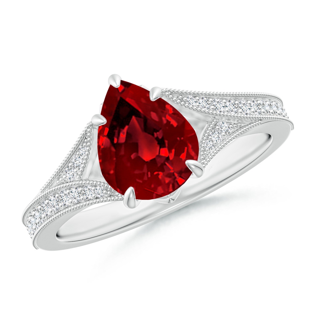 9x7mm Labgrown Lab-Grown Vintage Inspired Pear Ruby Split Shank Engagement Ring in White Gold