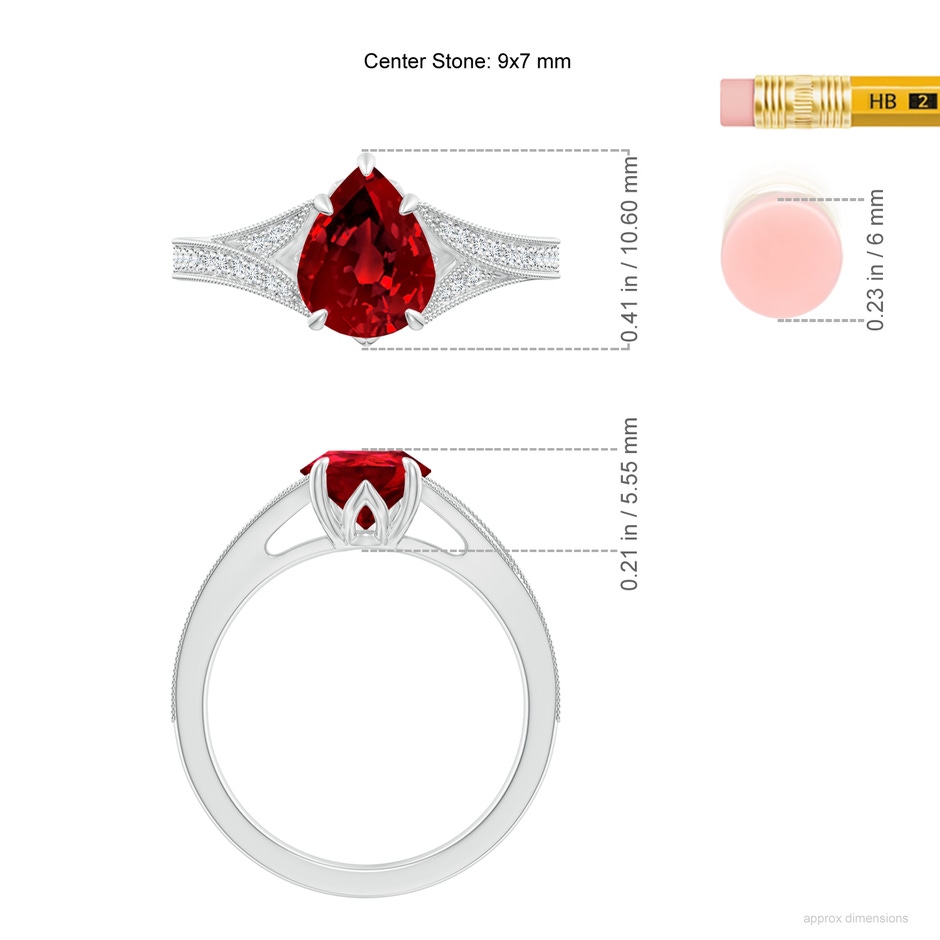 9x7mm Labgrown Lab-Grown Vintage Inspired Pear Ruby Split Shank Engagement Ring in White Gold ruler