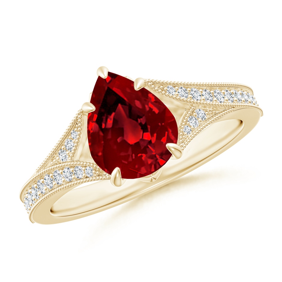 9x7mm Labgrown Lab-Grown Vintage Inspired Pear Ruby Split Shank Engagement Ring in Yellow Gold 