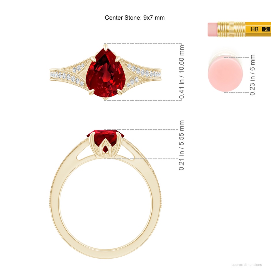 9x7mm Labgrown Lab-Grown Vintage Inspired Pear Ruby Split Shank Engagement Ring in Yellow Gold ruler