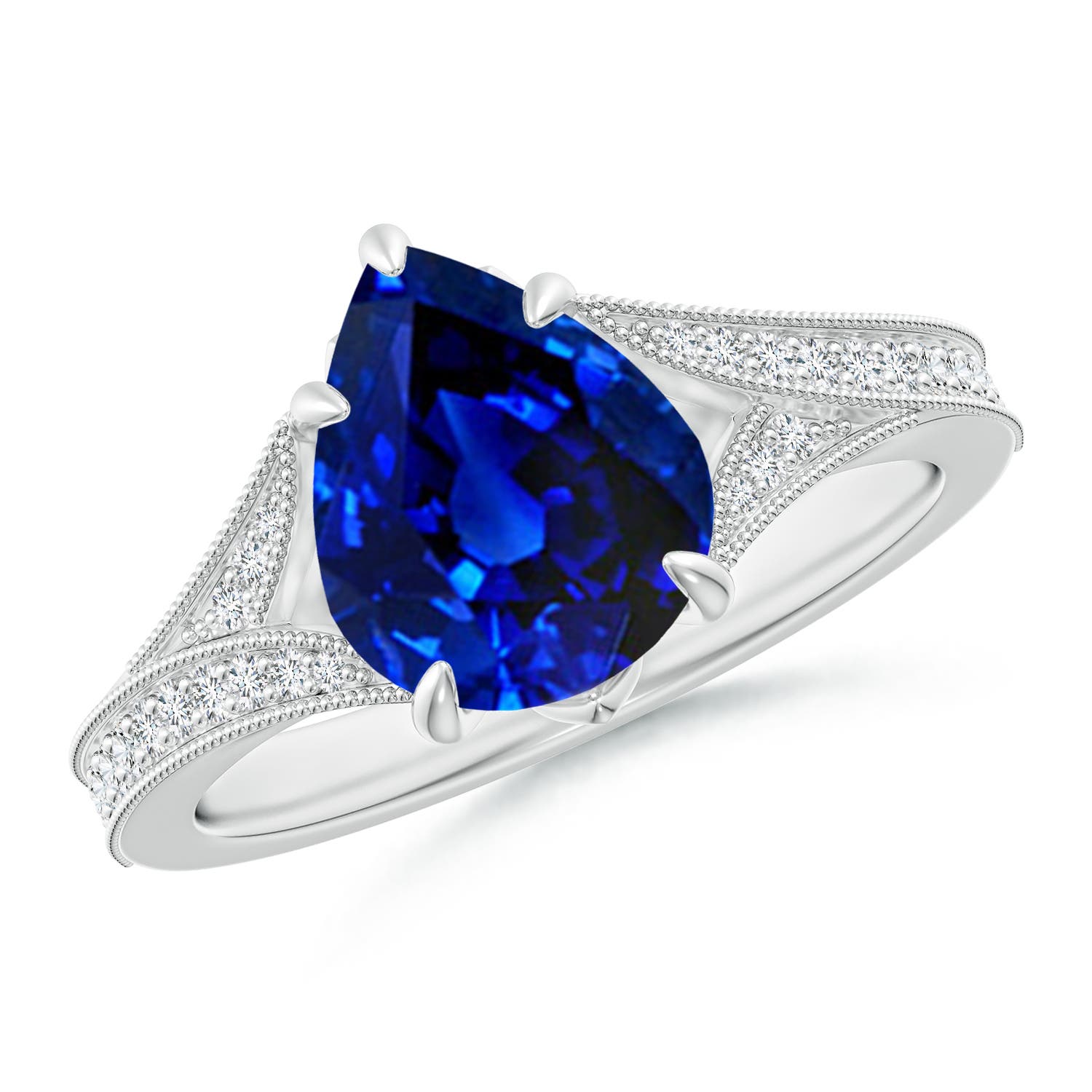 10x8mm Labgrown Lab-Grown Vintage Inspired Pear Blue Sapphire Split Shank Engagement Ring in 18K White Gold