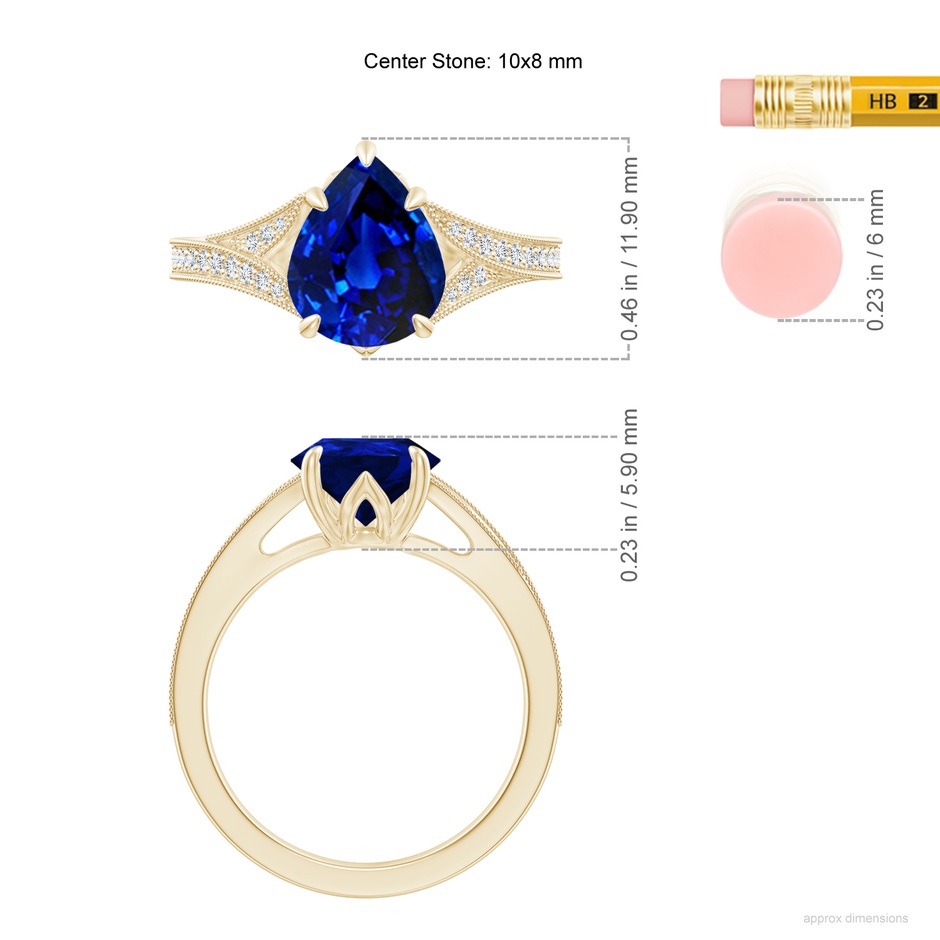 10x8mm Labgrown Lab-Grown Vintage Inspired Pear Blue Sapphire Split Shank Engagement Ring in Yellow Gold ruler
