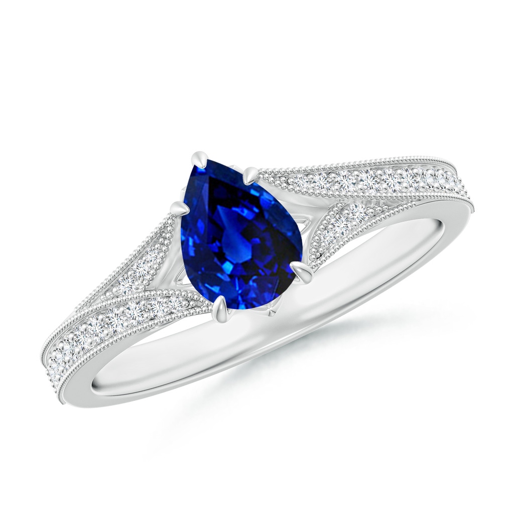 7x5mm Labgrown Lab-Grown Vintage Inspired Pear Blue Sapphire Split Shank Engagement Ring in 18K White Gold