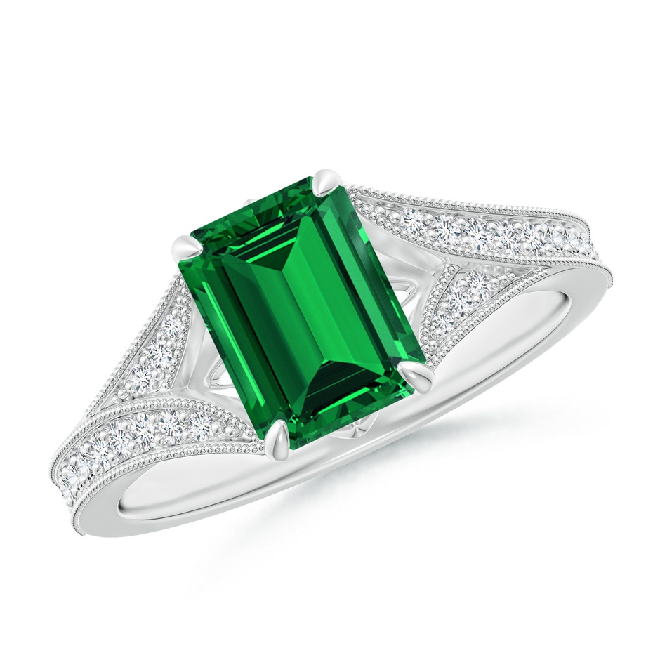 8x6mm Labgrown Lab-Grown Vintage Inspired Emerald-Cut Emerald Split Shank Engagement Ring in White Gold 