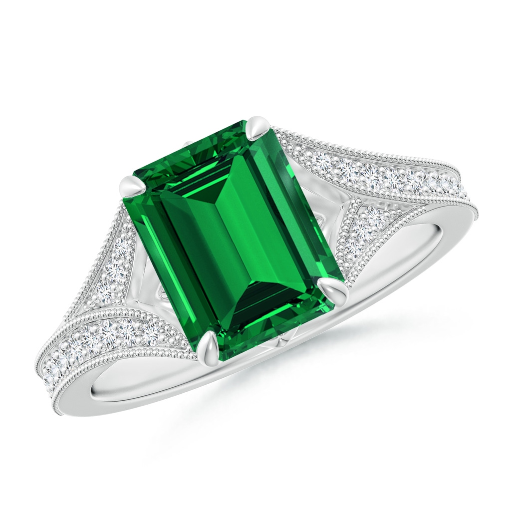 9x7mm Labgrown Lab-Grown Vintage Inspired Emerald-Cut Emerald Split Shank Engagement Ring in White Gold