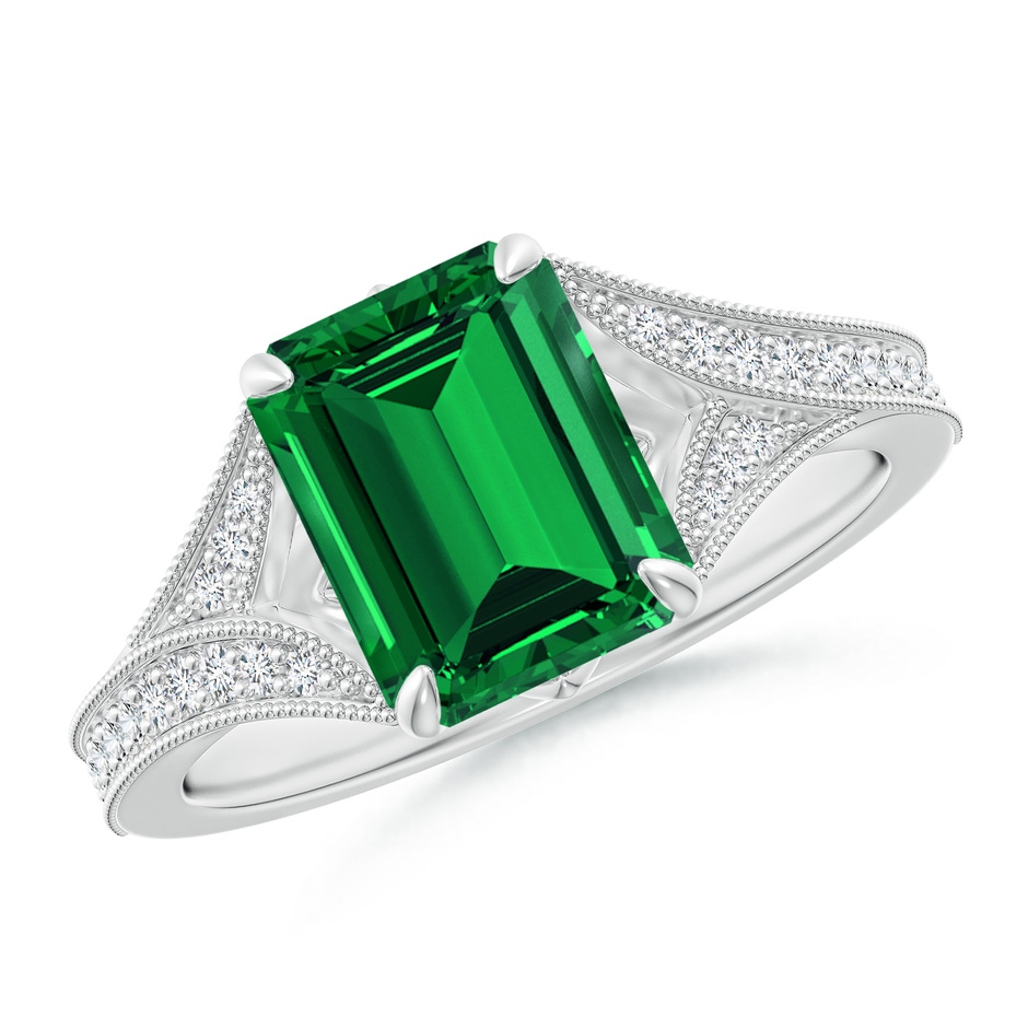 9x7mm Labgrown Lab-Grown Vintage Inspired Emerald-Cut Emerald Split Shank Engagement Ring in White Gold 